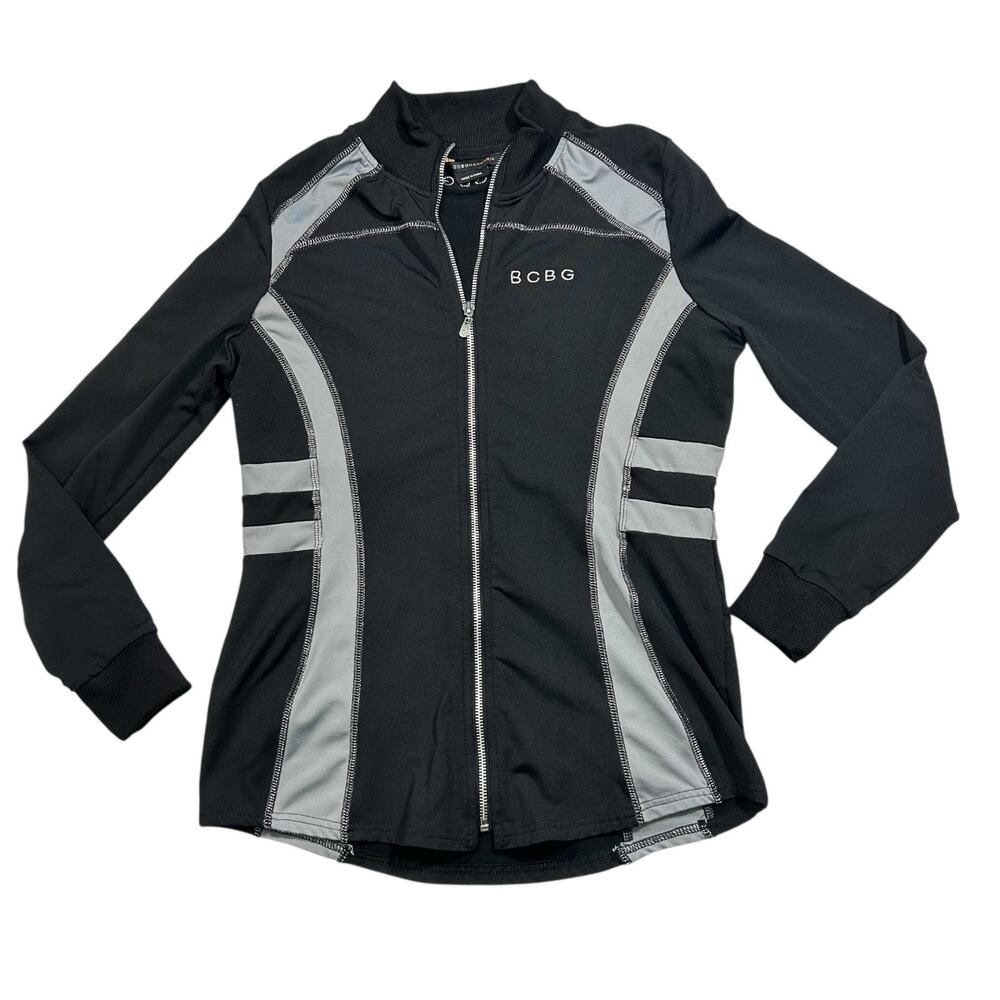 BCBG Maxazria Sz L Track Jacket Black Silver Full Zip Stretch Gym Activewear